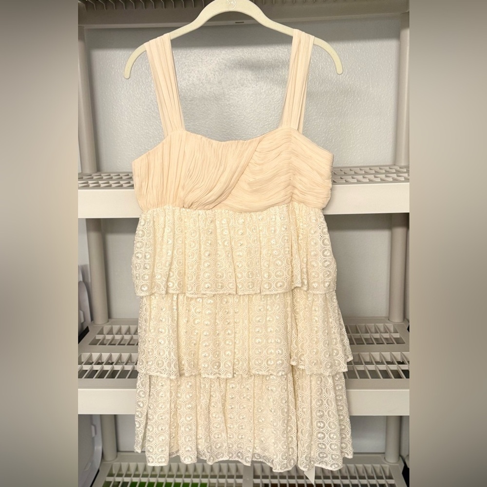 Alice & Olivia Silk‎ Mini Dress Lace Tiered Sleeveless Square Neck Cream Size M